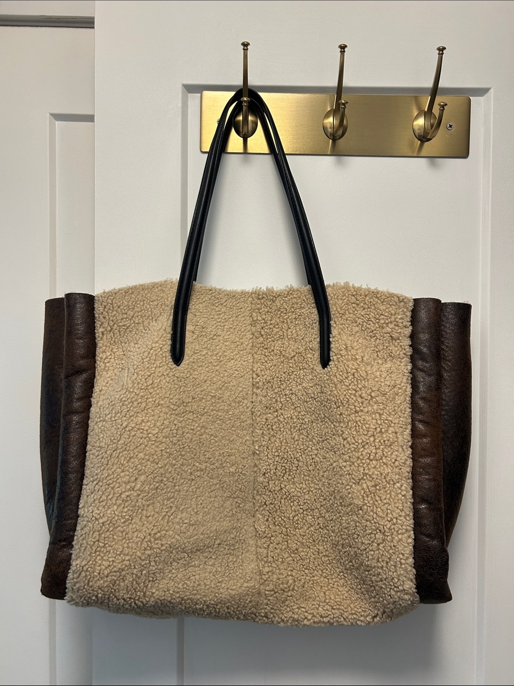 Zara Faux Shearling Tote with Brown Leather Sides and Black Handles